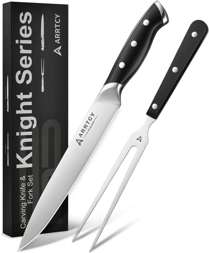 Arrtcy Carving Knife Set - 2 PCS Carving Knife and Fork for Turkey, BBQ - Razor Sharp German Stainless Steel Carving Set with Ergonomic Handle - Full Tang For Meat, Brisket - Image 1